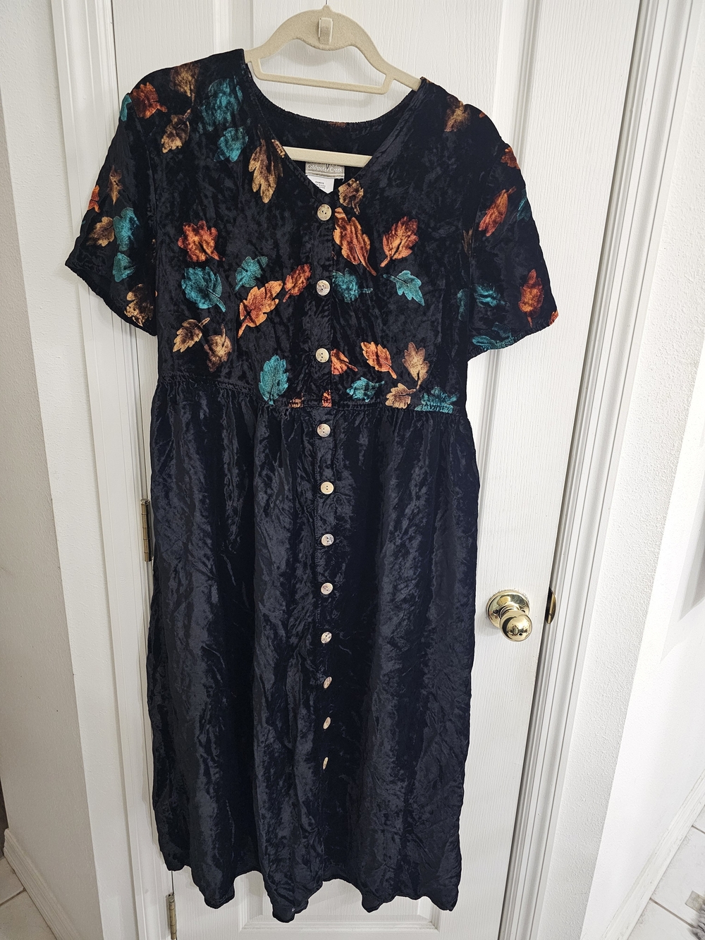 Coldwater Creek Navy Velvet Midi Dress with Teal & Rust Leaf Motif